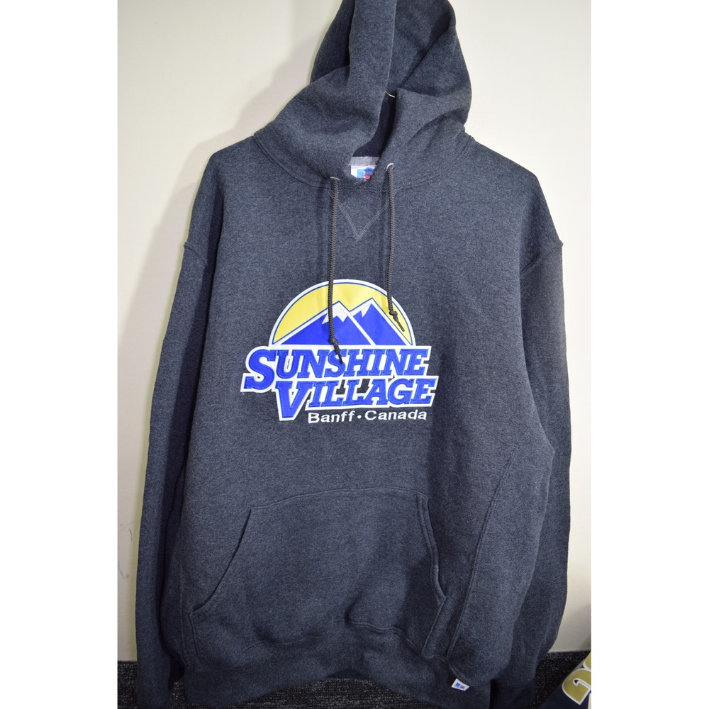Sunshine Village Banff Canada QUALITY Hoodie Charcoal Gray Mens L SEWN LOGO